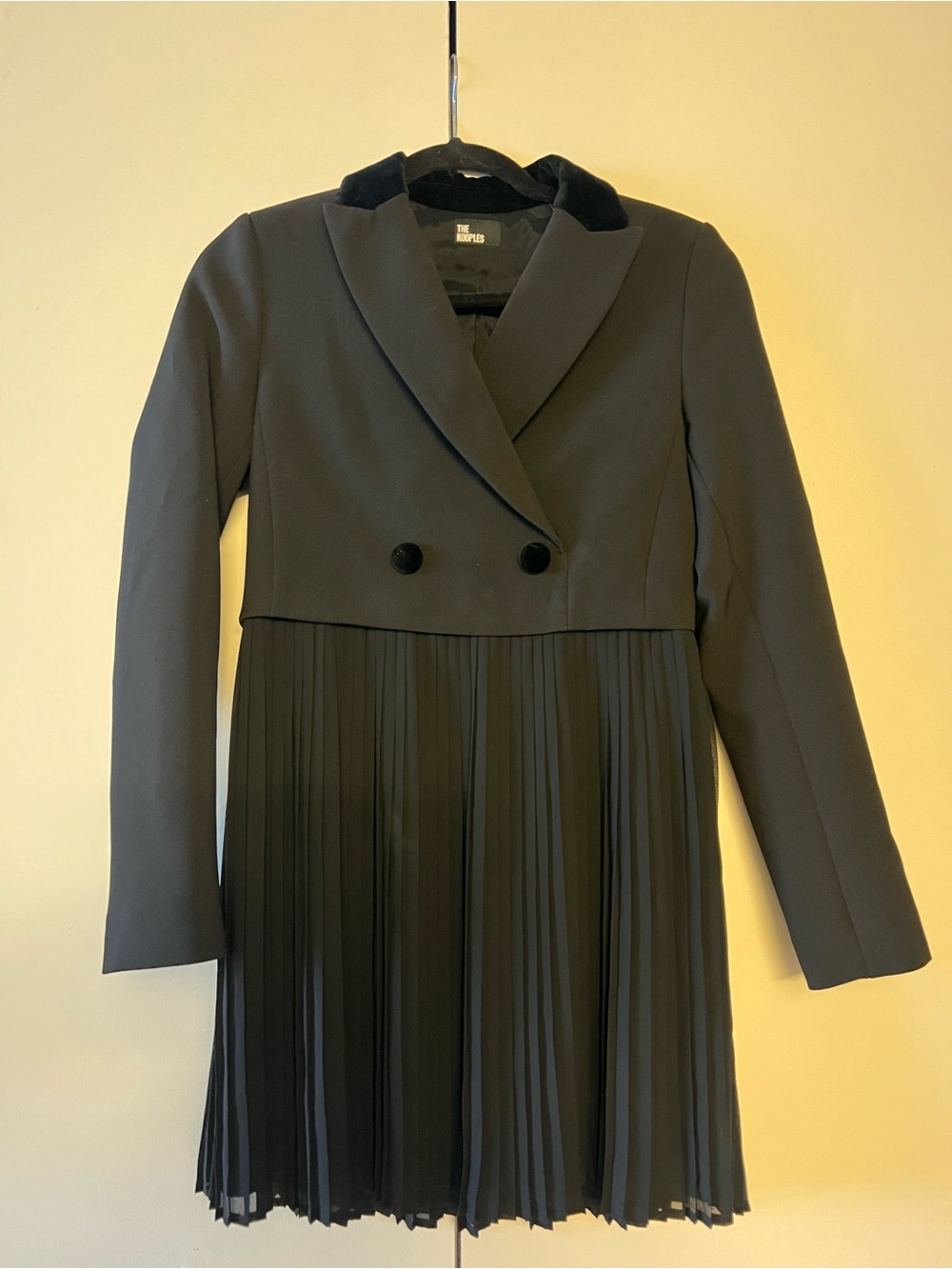The Kooples Black Double-Breasted Pleated Long-Sleeve Dress